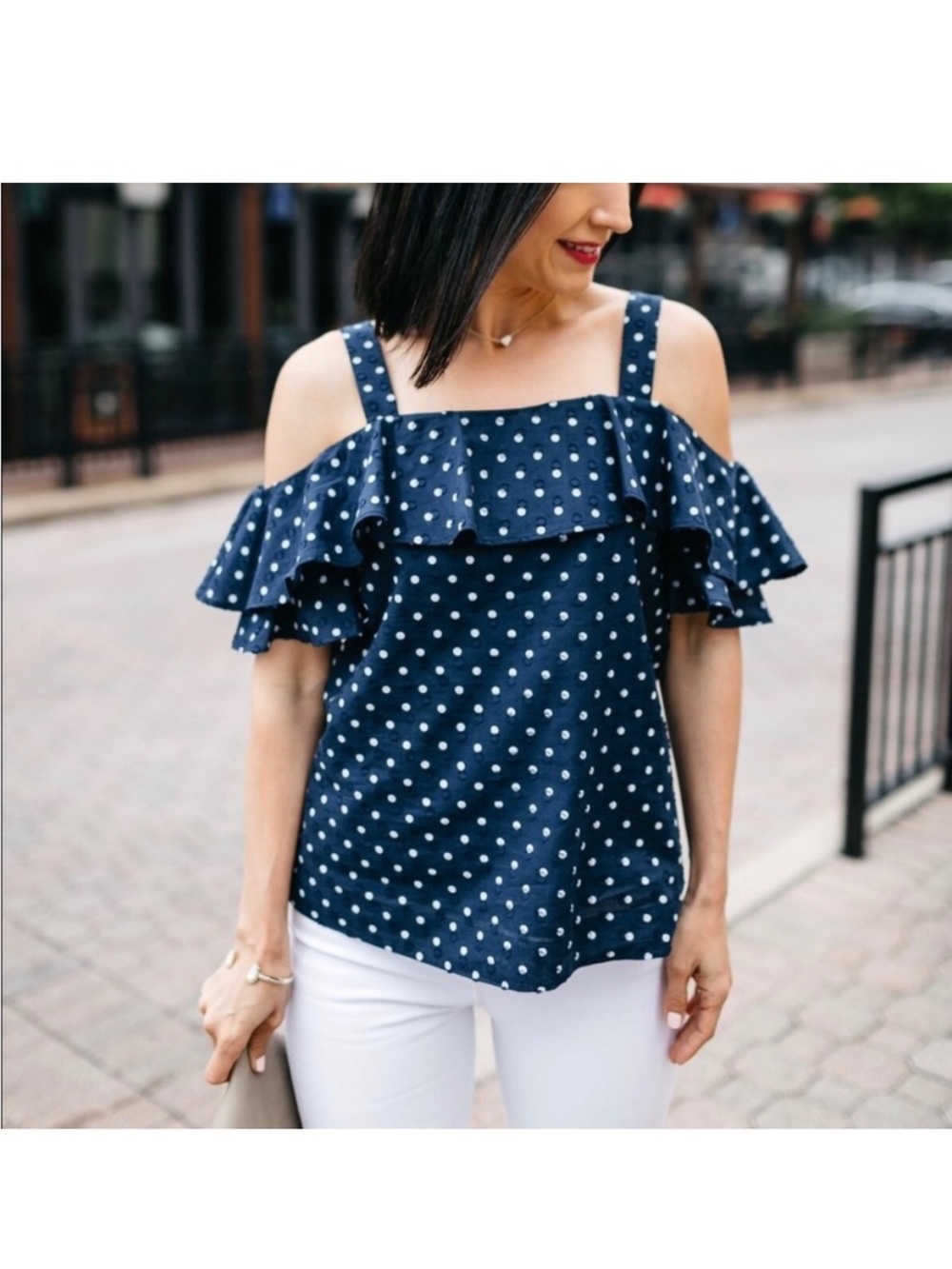 J. Crew Navy Polka Dot Off-Shoulder Ruffle Top